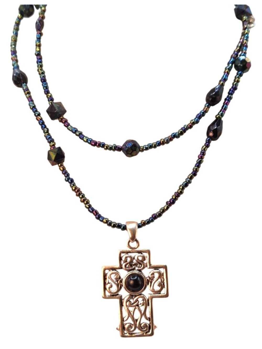 Multi-Strand Beaded Necklace With Celtic Cross Pendant & Iridescent Beads